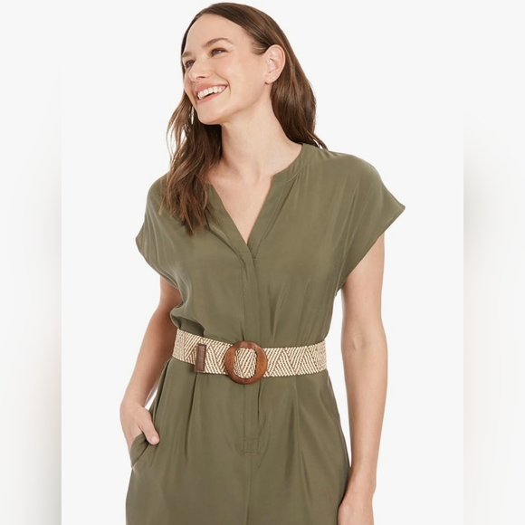 London Times Rayon Wide-leg V-neck Jumpsuit - Textured Belt - Olive NWT - Picture 2 of 9